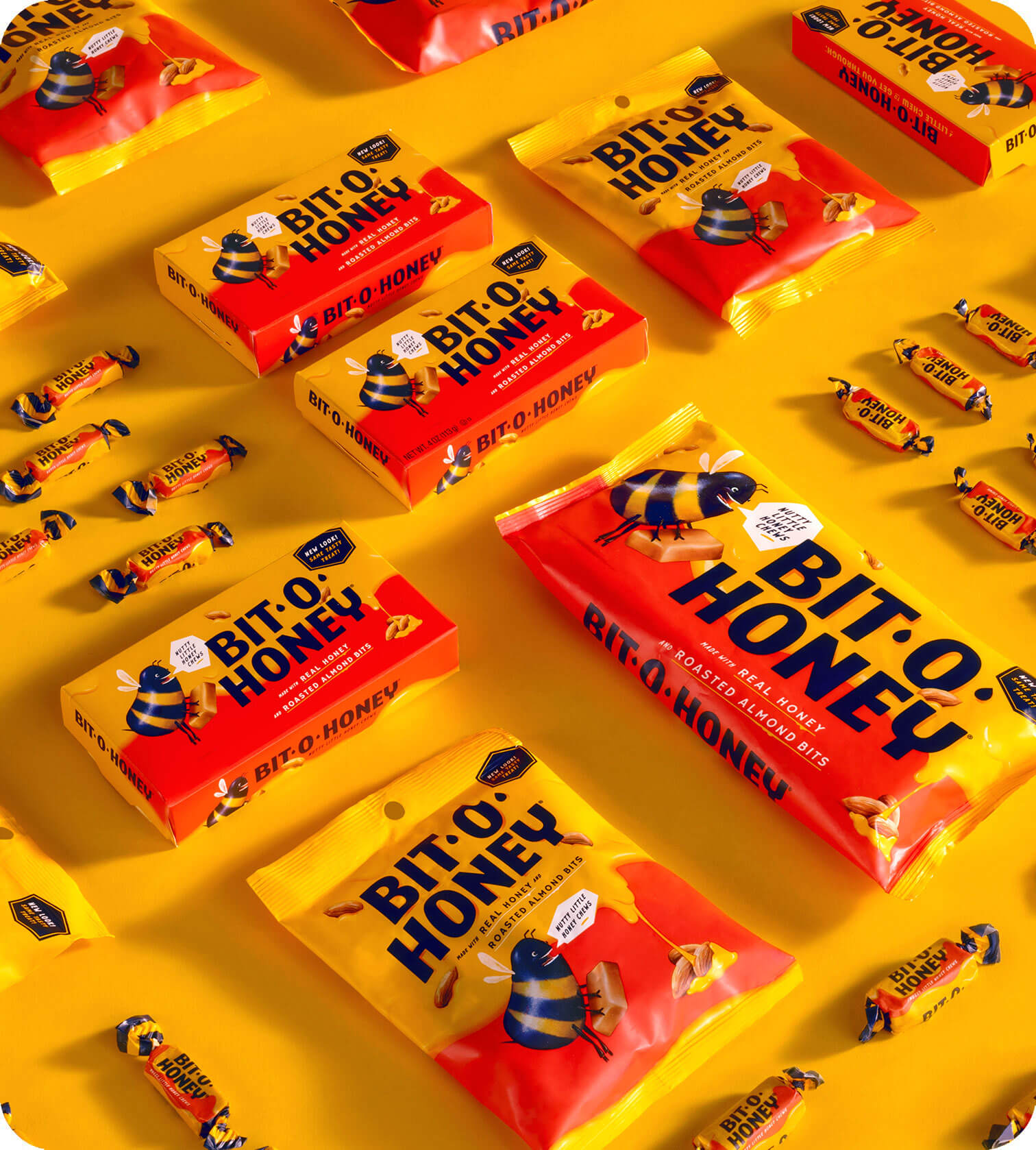 A grid of Bit-O-Honey bags, boxes, and candies